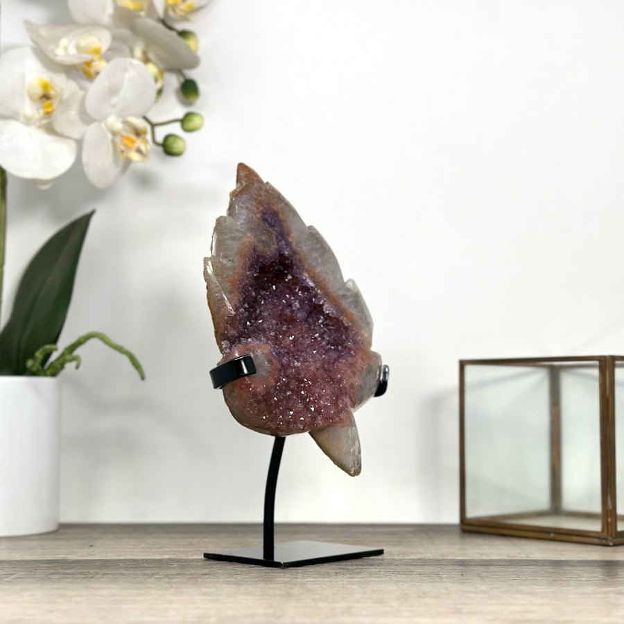 Pink Amethyst Stone Leaf Carving - Metal Stand Included - MWS2805
