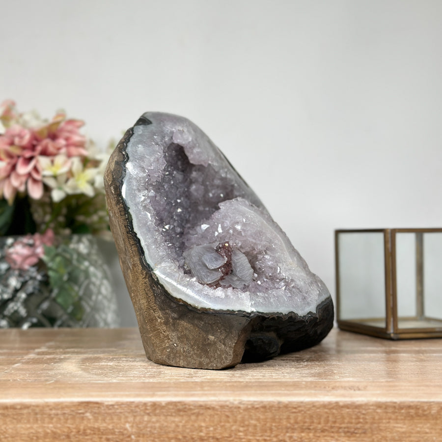 Natural Quartz Geode with Calcite &amp; Red Hematite Crystal - CBP1081