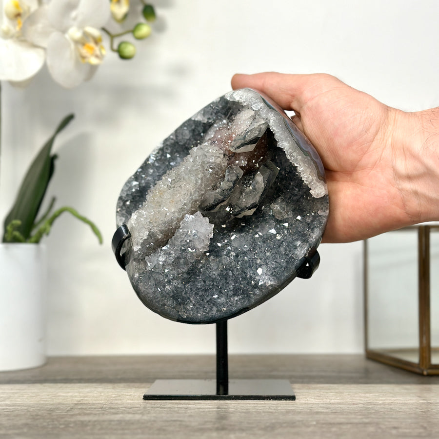 Quartz Crystal with Calite Geode on Stand Mineral Specimen