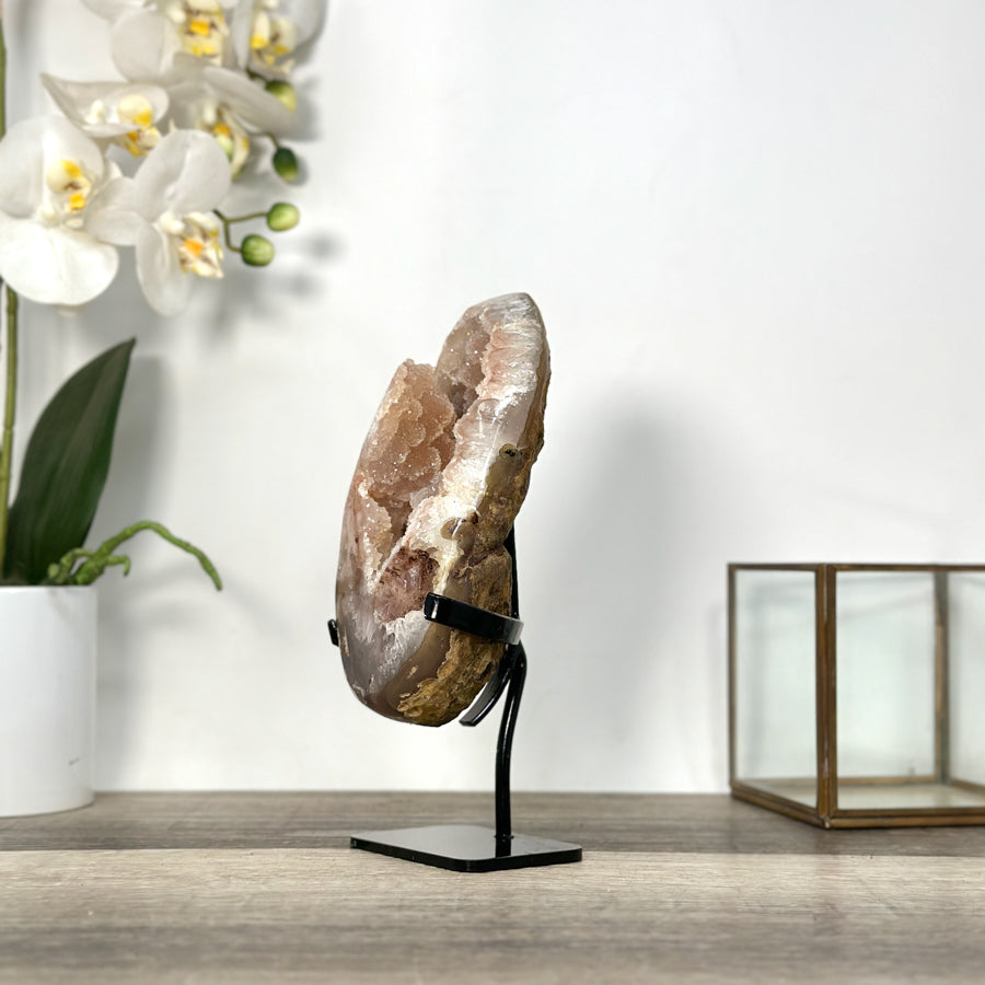 Natural Crystal Peach Tone Sugar Quartz Specimen With Metal Stand - MWS2727