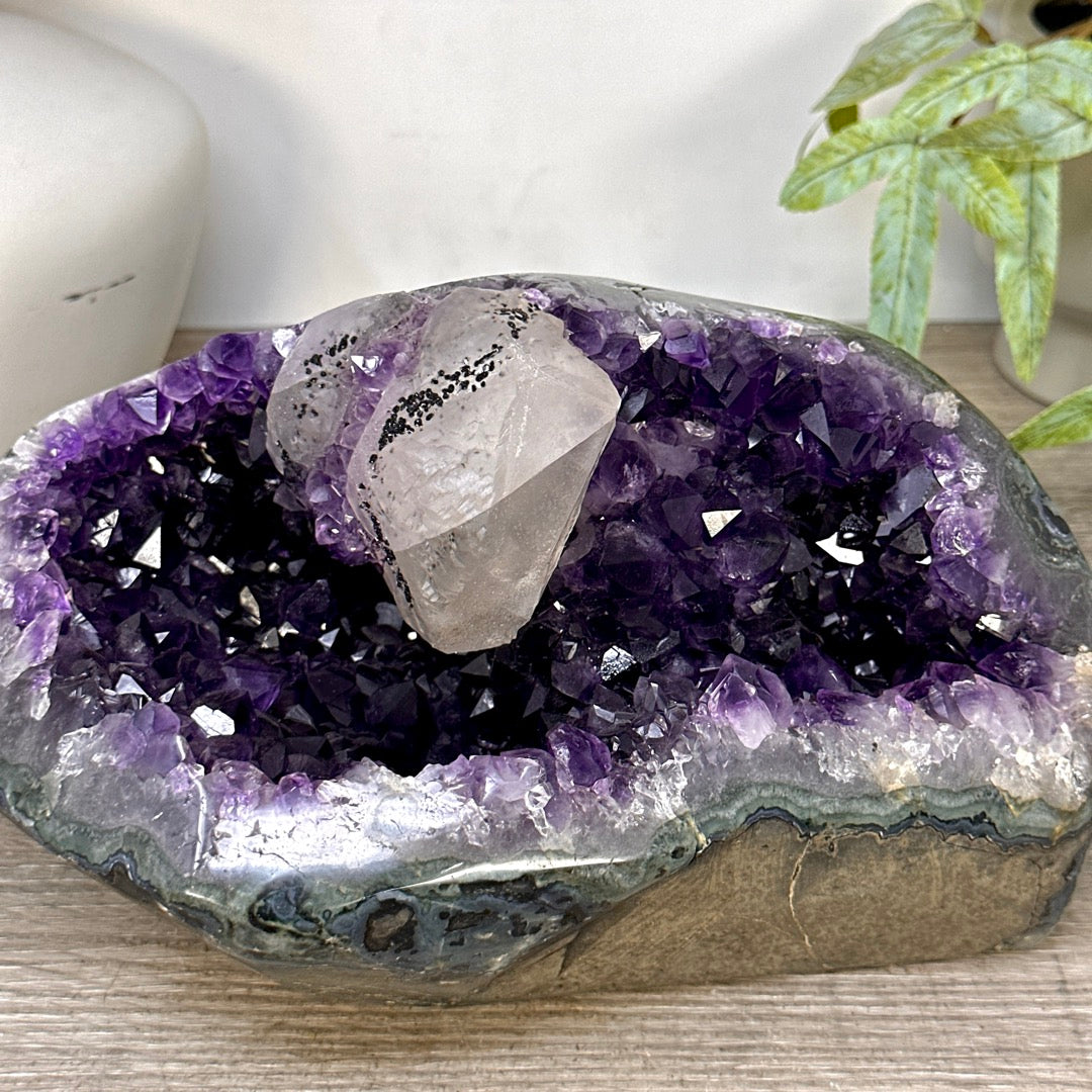 Deep Purple Amethyst Geode with Calcite Crystal - STGE0096
