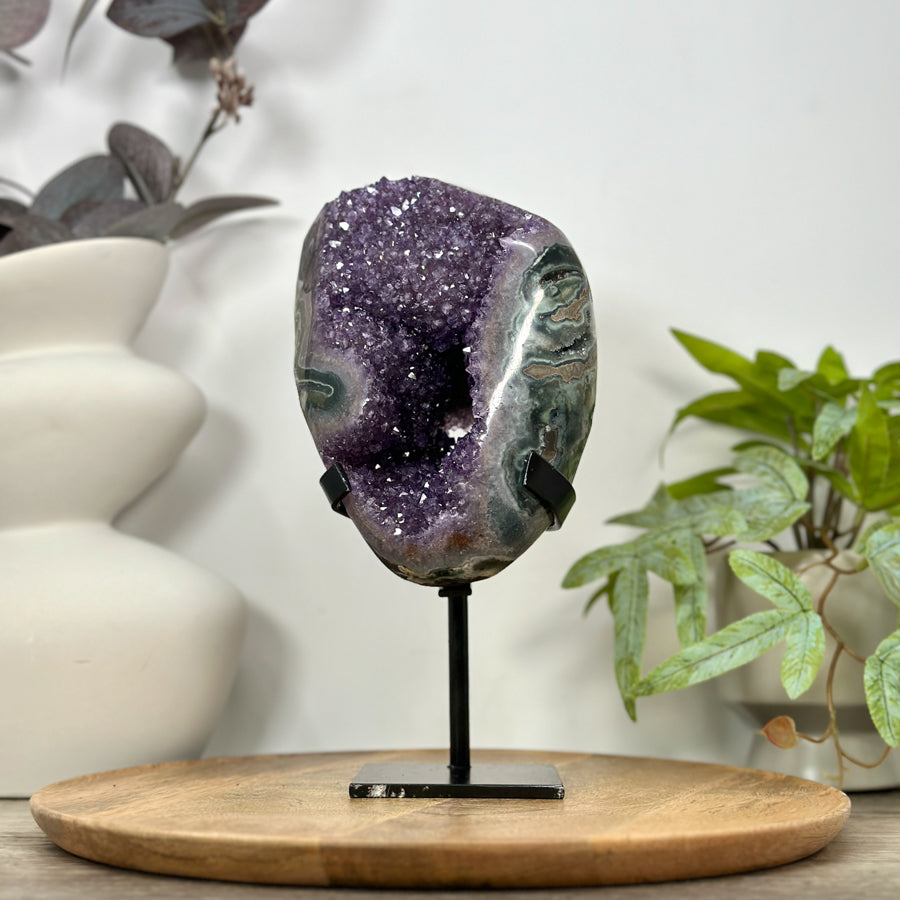 Amethyst &amp; Green Jasper Geode on Metal Stand - MWS3101