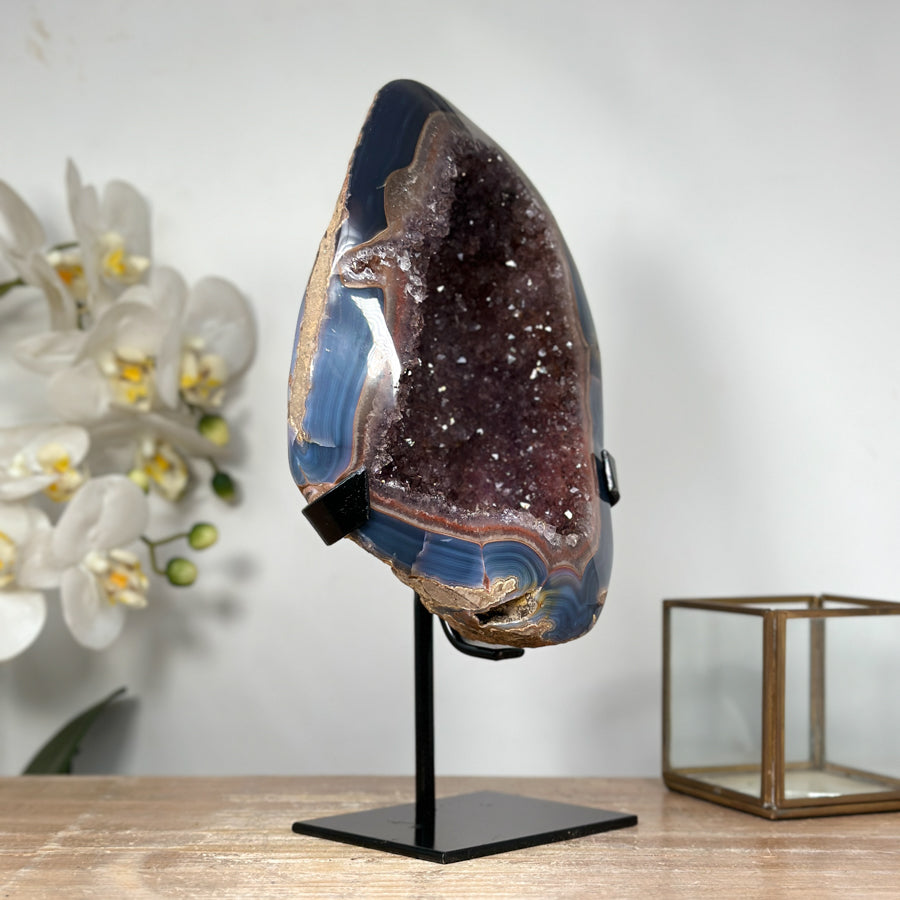 Stunning Natural Amethyst Geode with Blue Banded Agate Shell - MWS1843