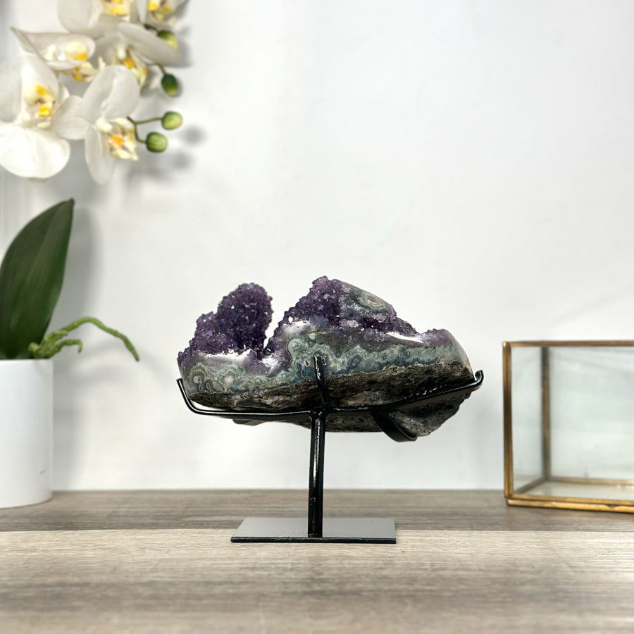 Deep Purple Amethyst Geode on Metal Stand With Green Jasper Shell - MWS2720