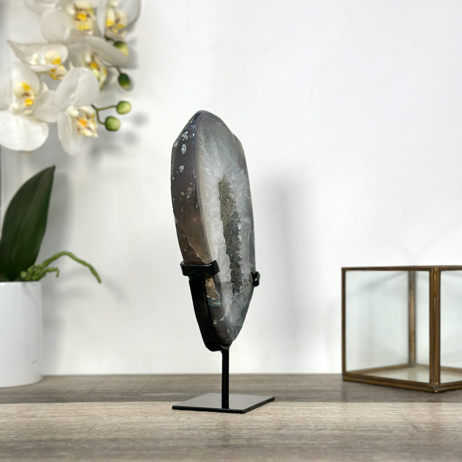 Quartz &amp; Agate Geode Slice on Metal Stand - MWS2734