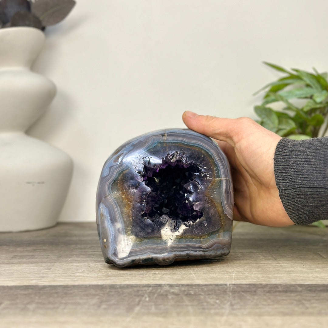 Deep Purple Amethyst &amp; Blue Banded Agate Stone Geode from Uruguay - STGE0063