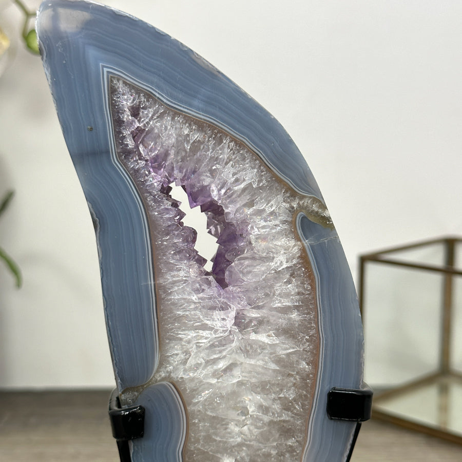 Blue Banded Agate Stone Slice on Metal Stand - MWS3002