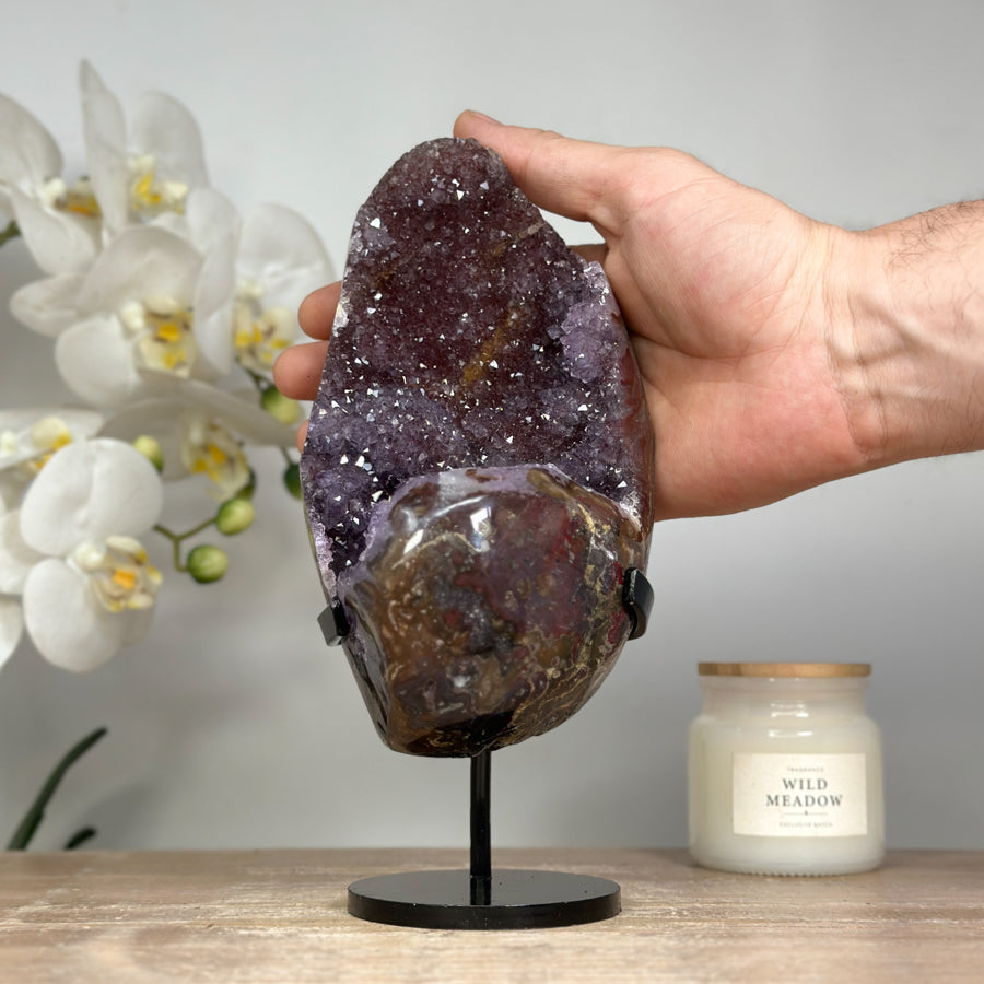 Stunning Quartz, Agate &amp; Jasper Geode with Metal Stand – Elegant Display Piece for Home or Office Decor - MWS1516