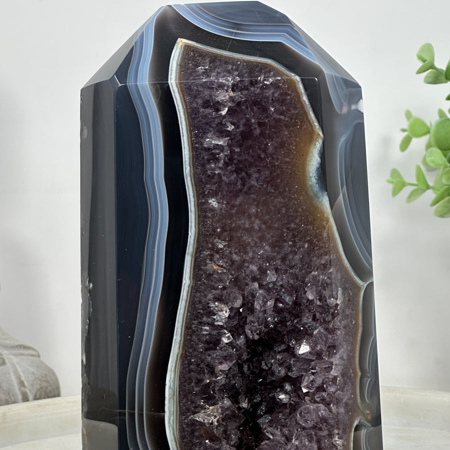 Unique Blue Banded Agate &amp; Amethyst Stone Tower  - STP0181