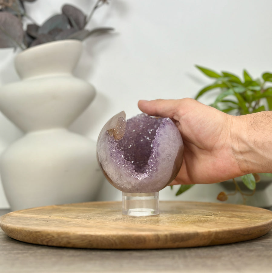 Uruguayan Amethyst Druzy &amp; Agate Sphere Geode - SPH0150