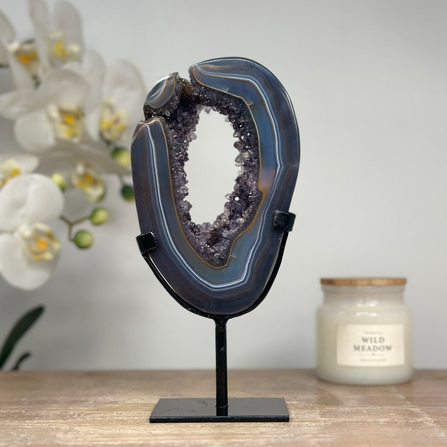 Stunning Blue Banded Agate &amp; Amethyst Polished Geode Slice - MWS1673