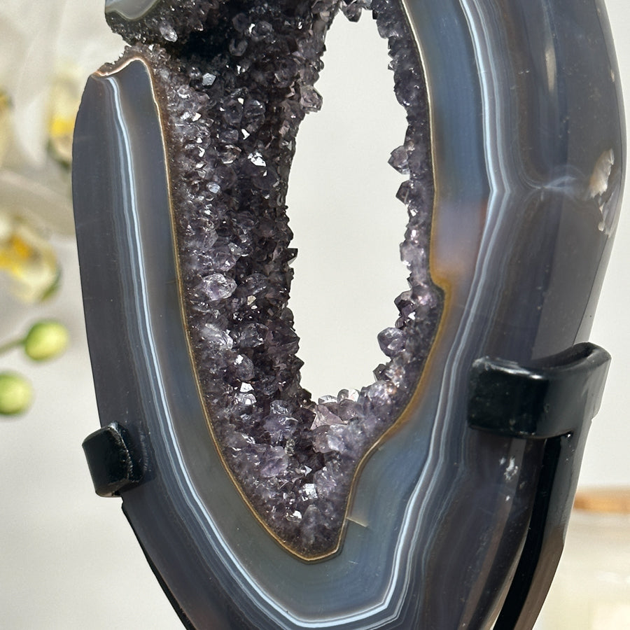 Stunning Blue Banded Agate &amp; Amethyst Polished Geode Slice - MWS1673