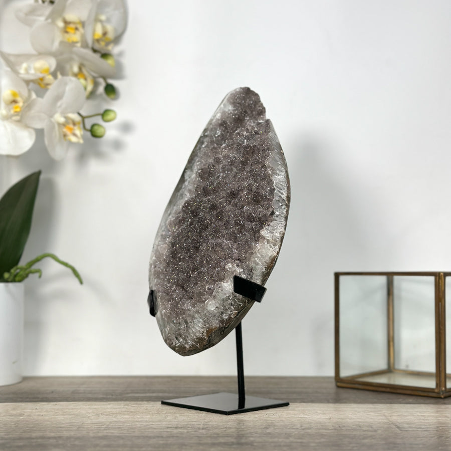 Smoky Sugar Quartz Geode on Metal Stand – Unique Crystal for Office Decor - MWS2740