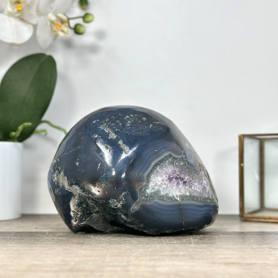 Amethyst &amp; Blue Banded Agate Polished Stone Geode from Uruguay - STGE0022