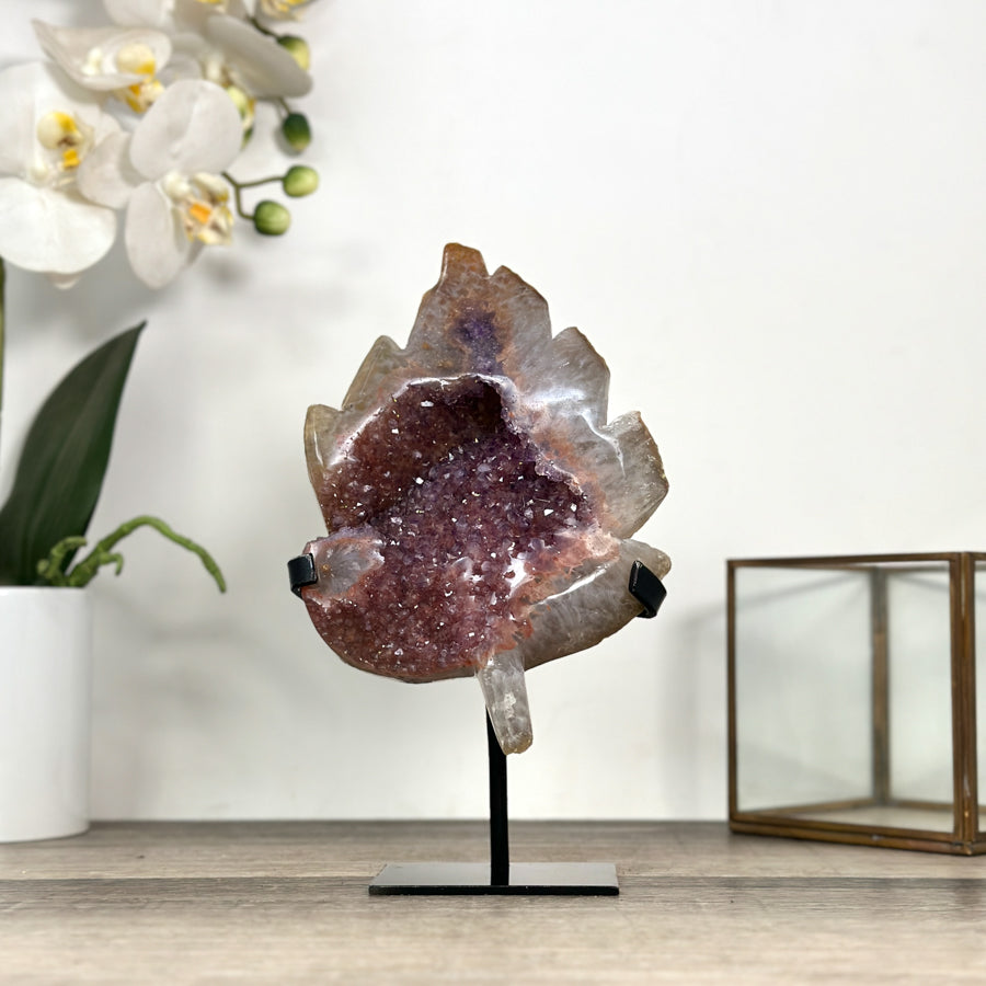 Pink Amethyst Stone Leaf Carving - Metal Stand Included - MWS2805