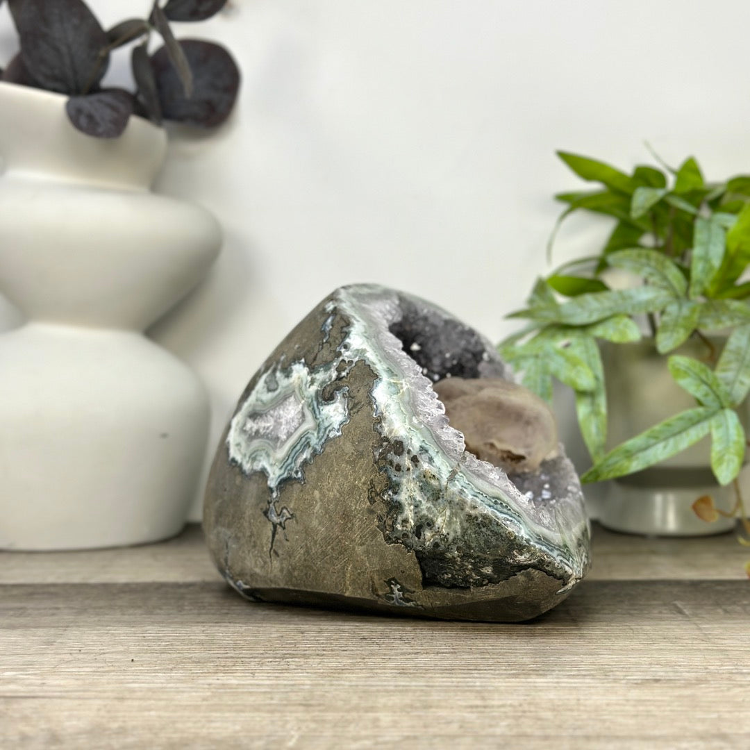 Natural Quartz &amp; Green Jasper Stone Geode with Calcite Formation - STGE0031