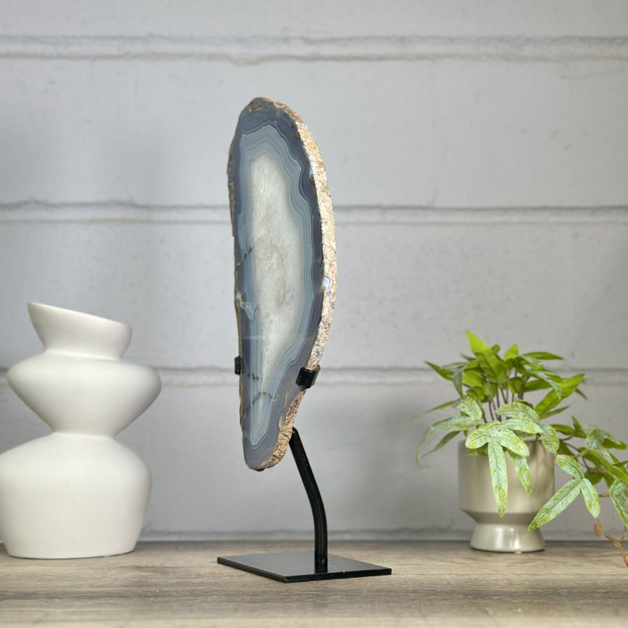 XXL Natural Blue Banded Agate &amp; Quartz Stone Slice on Stand - MWS3042