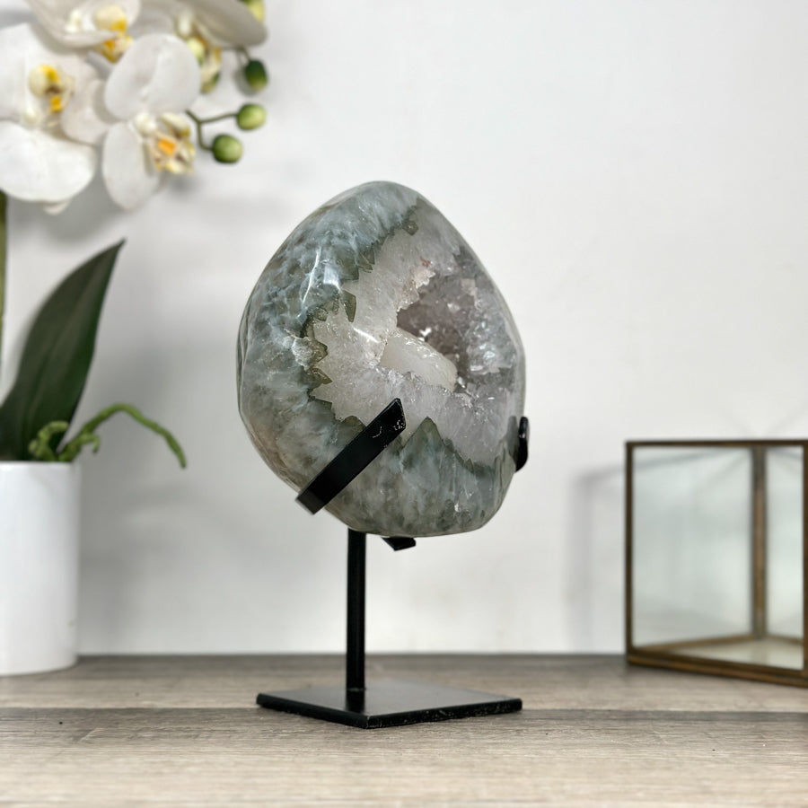 Green Quartz Geode on Metal Stand With Calcite Center - MWS2771