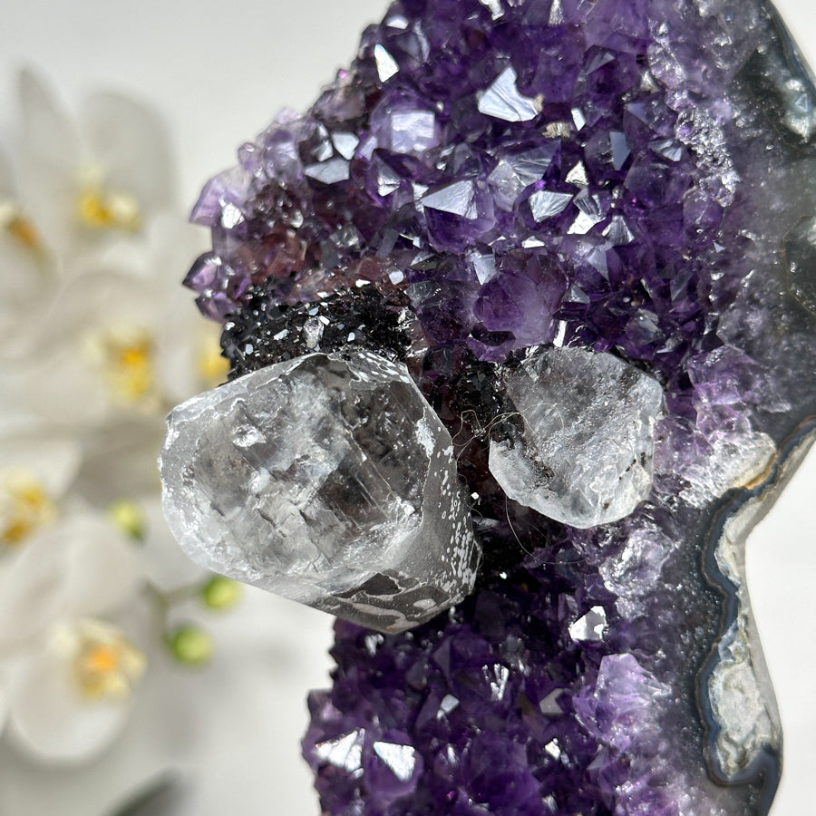 Natural Amethyst Cluster with Calcite &amp; Black Hematite Formation - MWS1799