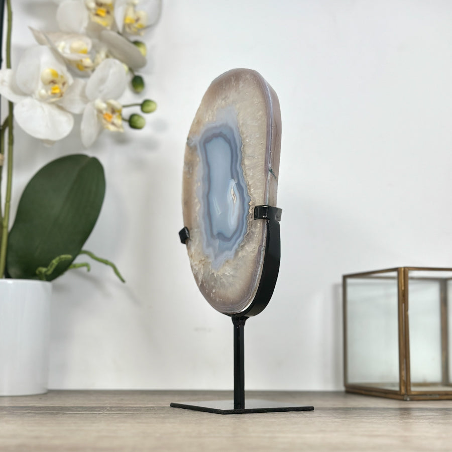 Blue Banded Agate Slice on Stand – Natural Stone Display Statement Piece - MWS2920