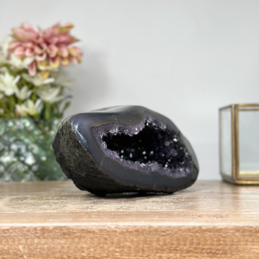 Amethyst &amp; Agate Stone Geode with Crystal Cavity - STGE0004