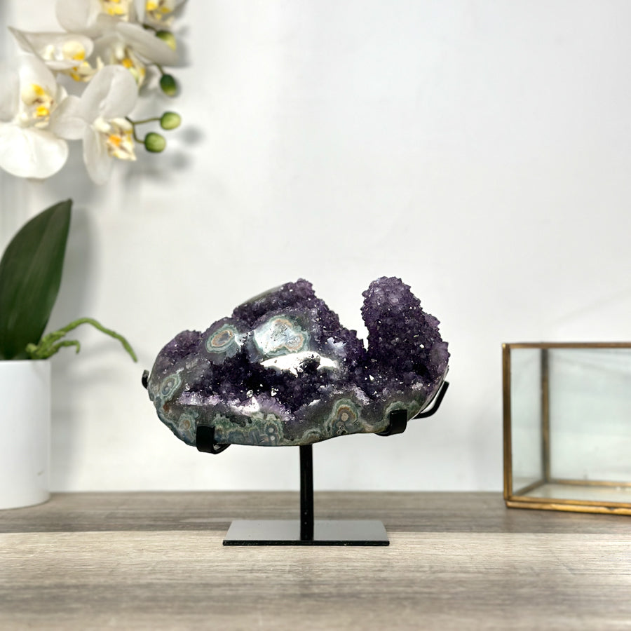 Deep Purple Amethyst Geode on Metal Stand With Green Jasper Shell - MWS2720