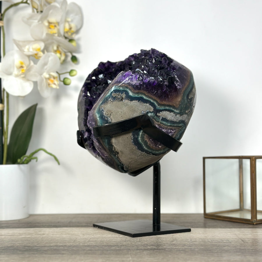 Deep Purple Amethyst Geode With Agate Shell on Metal Stand - MWS2742
