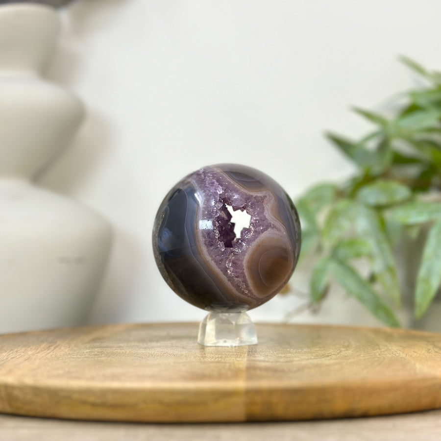 Amethyst &amp; Banded Agate Sphere Geode with Crystal Cavity - SPH0227