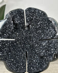Natural Black Agate Druzy Clover Carving on Metal Stand - MWS2773