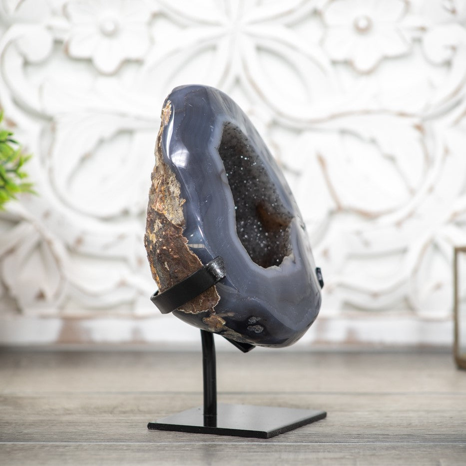 Natural Blue Agate Geode with Grey Tone Druzy Crystals - MWS0395