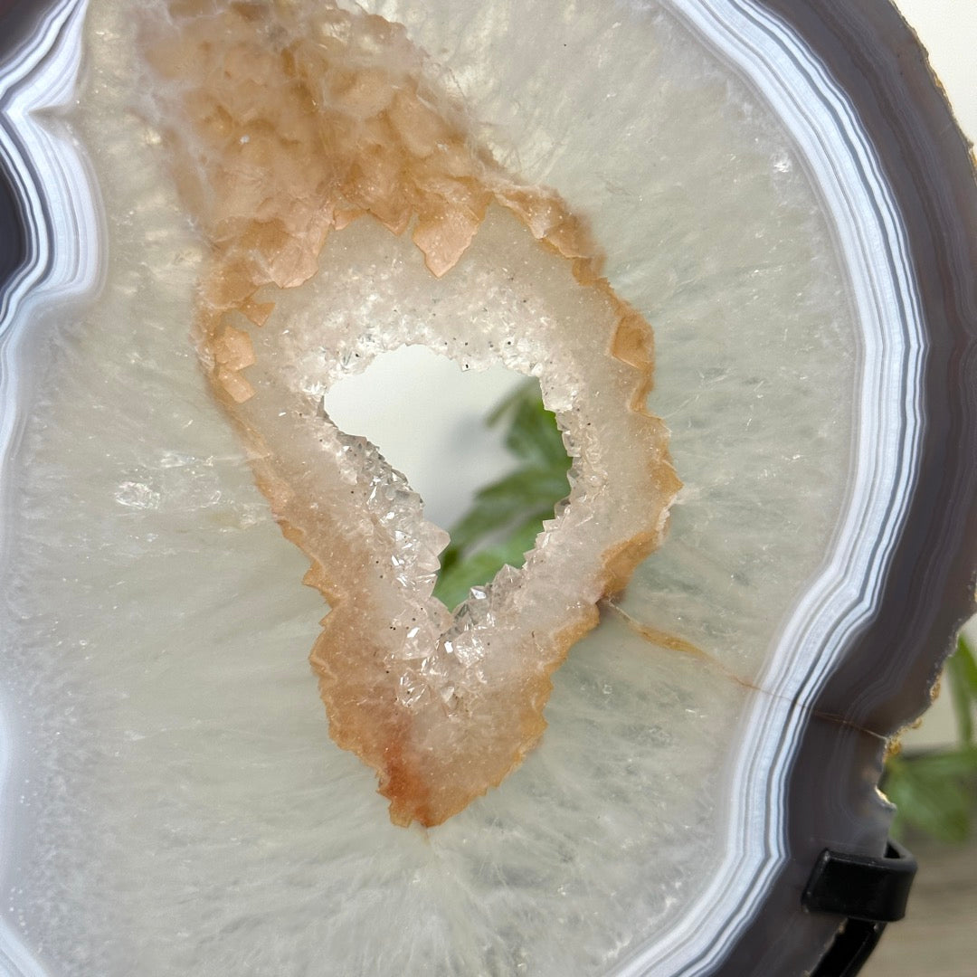 Blue Banded Agate &amp; Quartz Slice Portal on Metal Stand - MWS3290