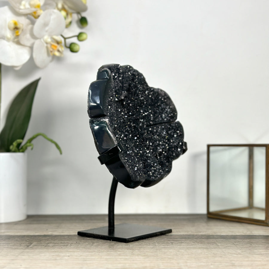 Natural Black Agate Druzy Clover Carving on Metal Stand - MWS2773