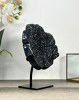 Natural Black Agate Druzy Clover Carving on Metal Stand - MWS2773
