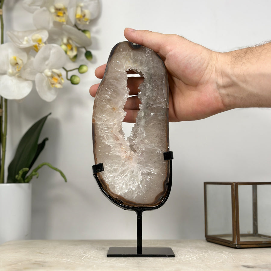 Beautiful Natural Quartz Geode Slice, Crystal Portal with Metallic Stand - MWS1953