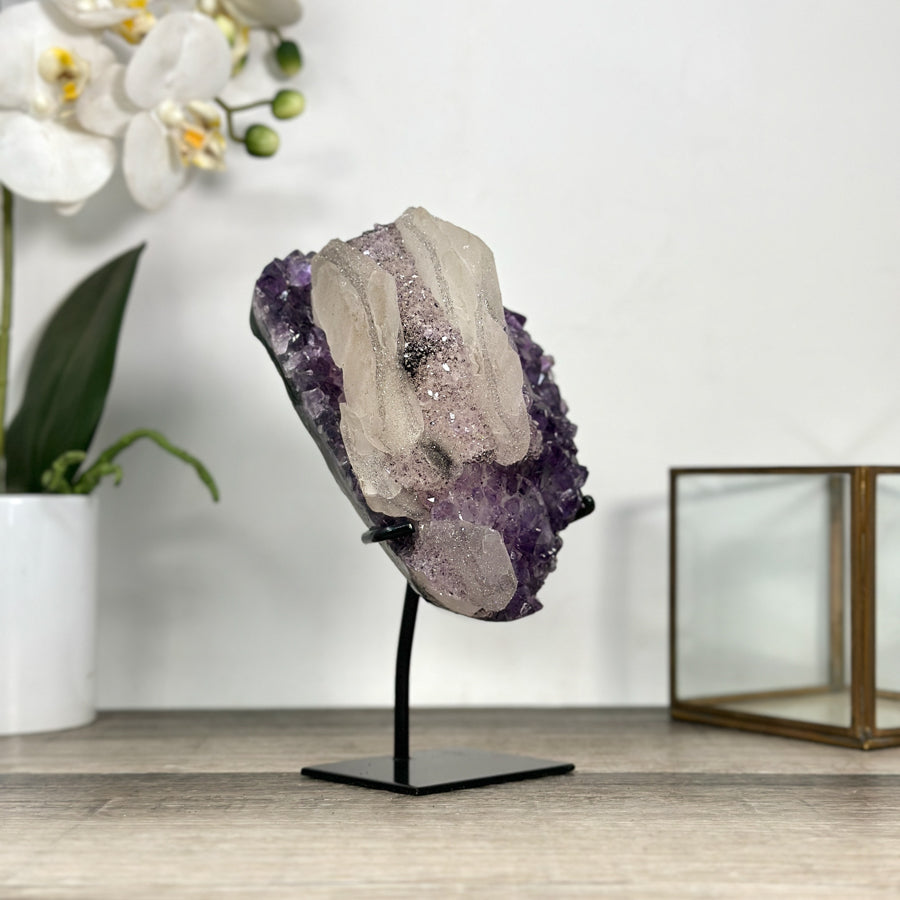 Natural Calcite &amp; Amethyst Specimen on Metallic Stand - MWS2766