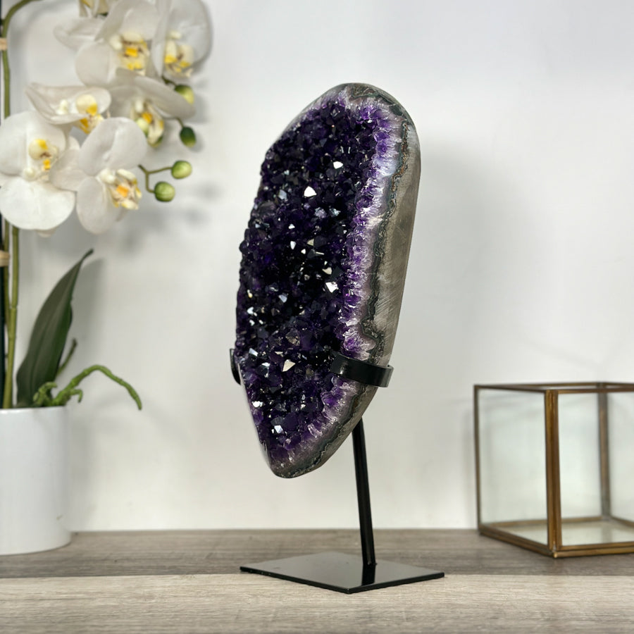 A+ Grade Amethyst Geode on Metal Stand – Stunning Crystal Decor for Shelf Display - MWS2708