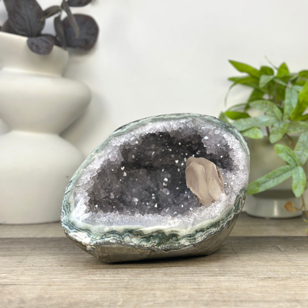 Natural Quartz &amp; Green Jasper Stone Geode with Calcite Formation - STGE0031