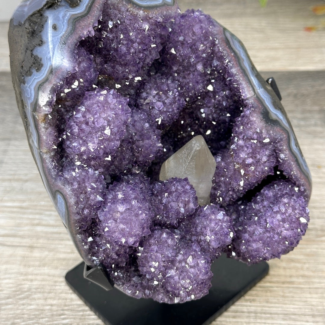 Natural Amethyst &amp; Calcite Formation with Stalactites and Blue Agate Shell - MWS3287