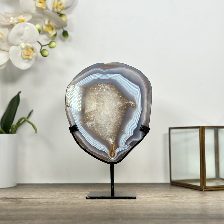 Blue Banded Agate &amp; Quartz Stone Slice on Metal Stand - MWS3012