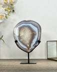 Blue Banded Agate & Quartz Stone Slice on Metal Stand - MWS3012