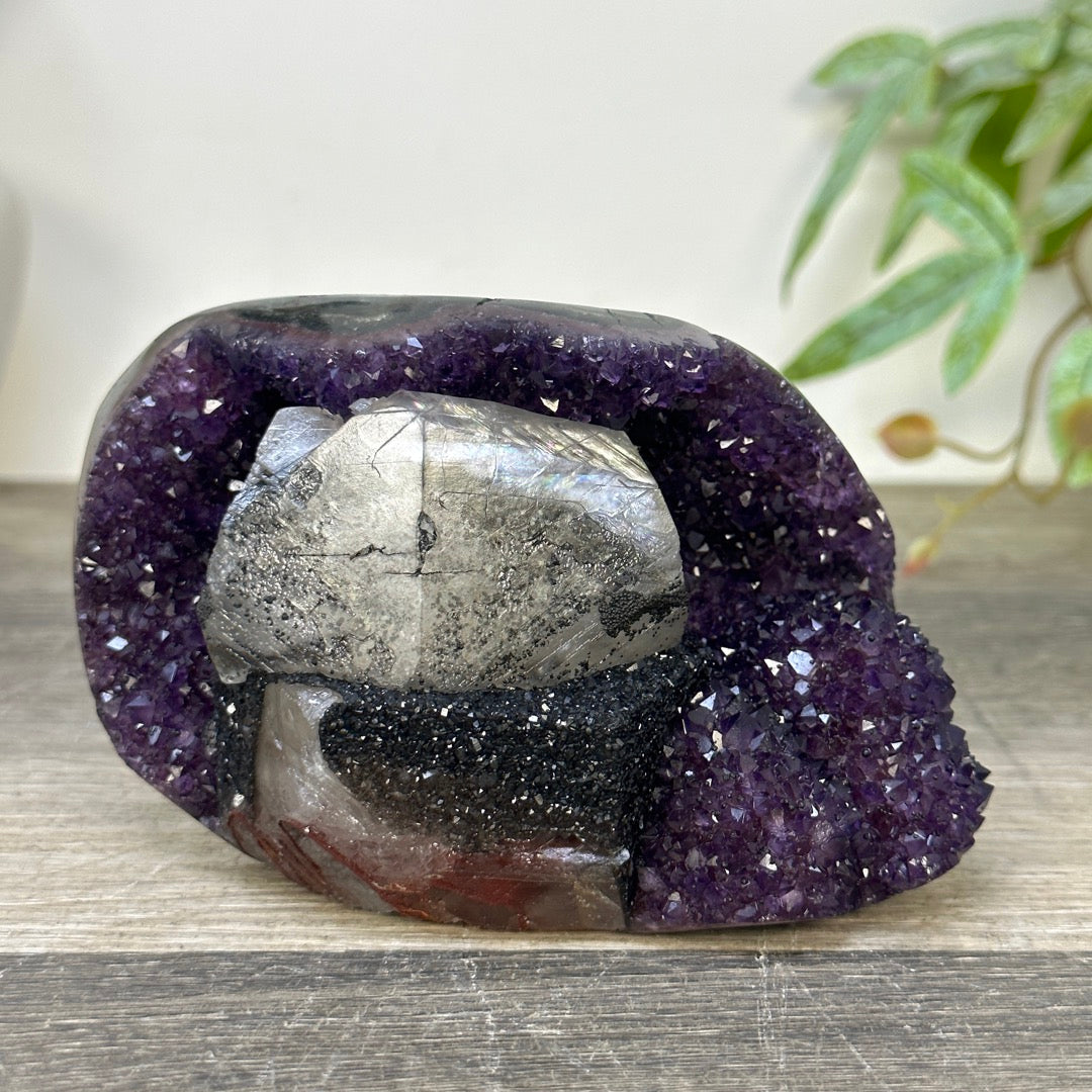 Natural Amethyst Geode with Calcite &amp; Black Hematite Inclusion - STGE0058