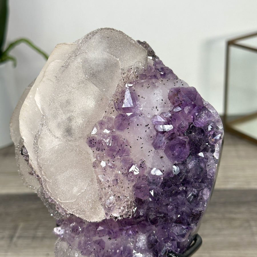 Natural Calcite &amp; Amethyst Specimen on Metallic Stand - MWS2766