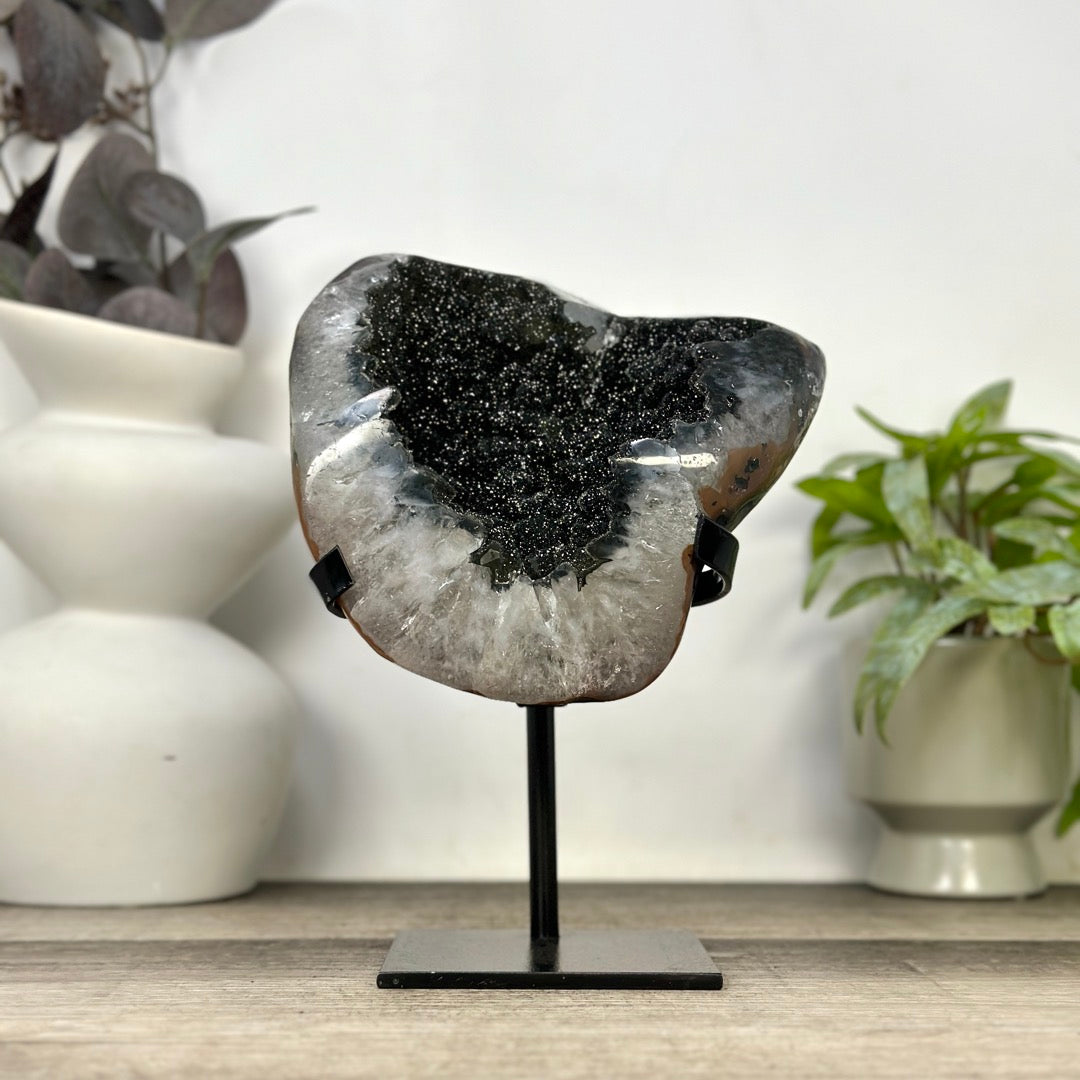Unique Natural Black Amethyst Geode on Metal Stand - MWS3387