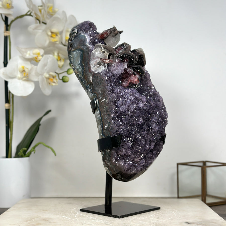 Unique Large Amethyst Cluster with Beautiful Calcite &amp; Black Hematite Formation - MWS1803