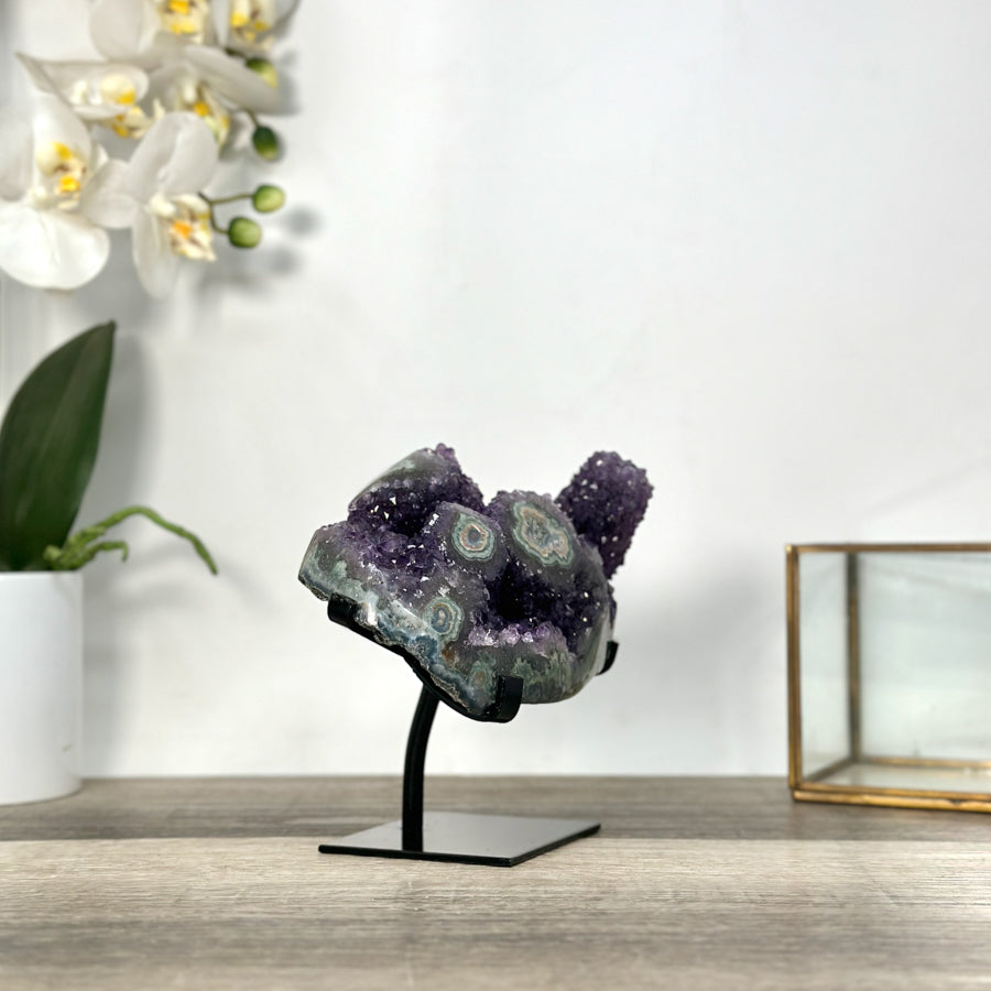 Deep Purple Amethyst Geode on Metal Stand With Green Jasper Shell - MWS2720