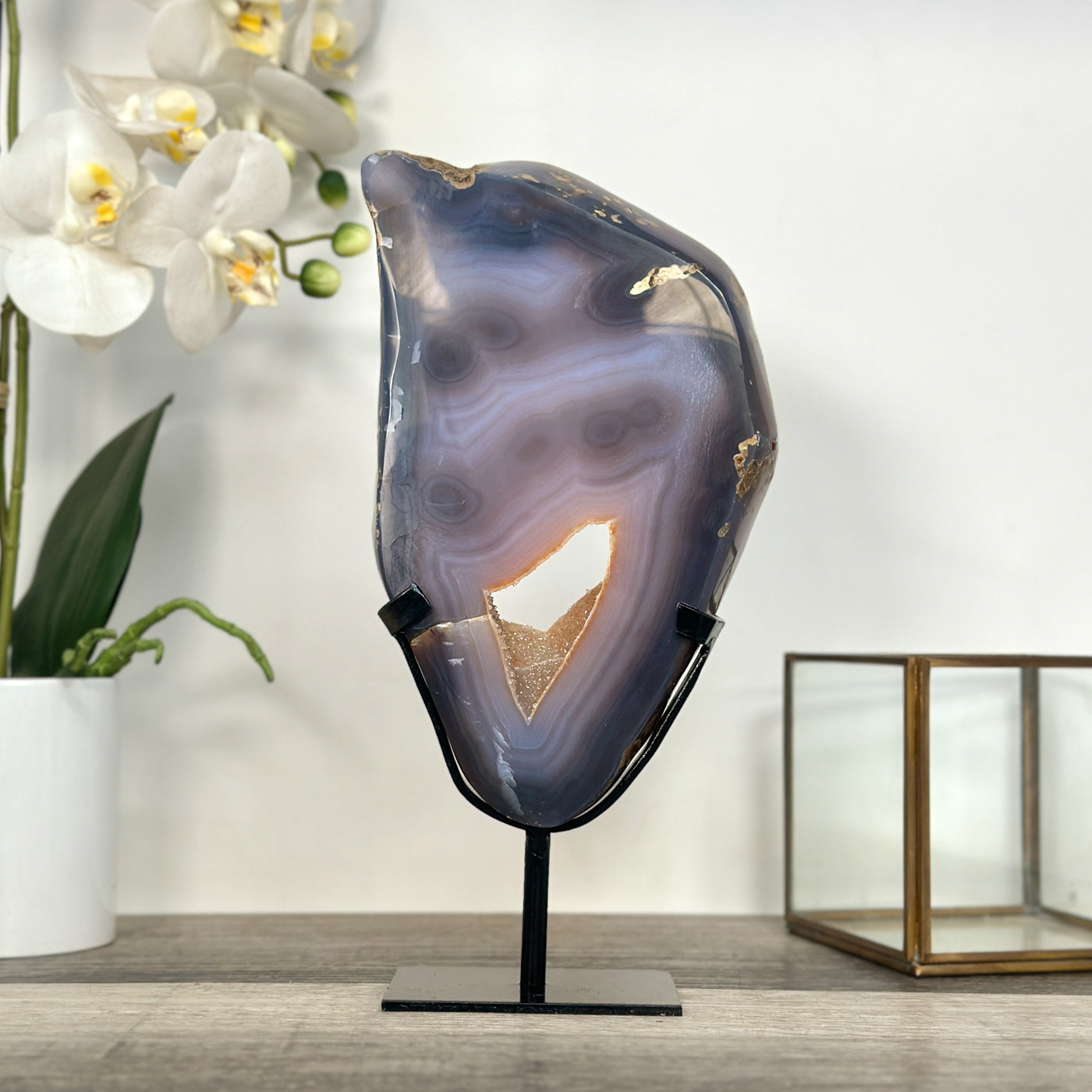 Agate Slice with Druzy Center - Blue Banding for Home Decor Display - MWS2655
