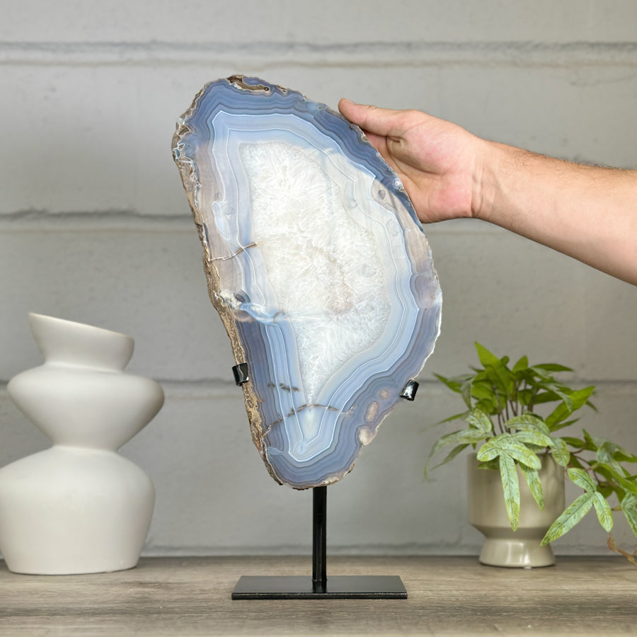 XXL Natural Blue Banded Agate &amp; Quartz Stone Slice on Stand - MWS3042