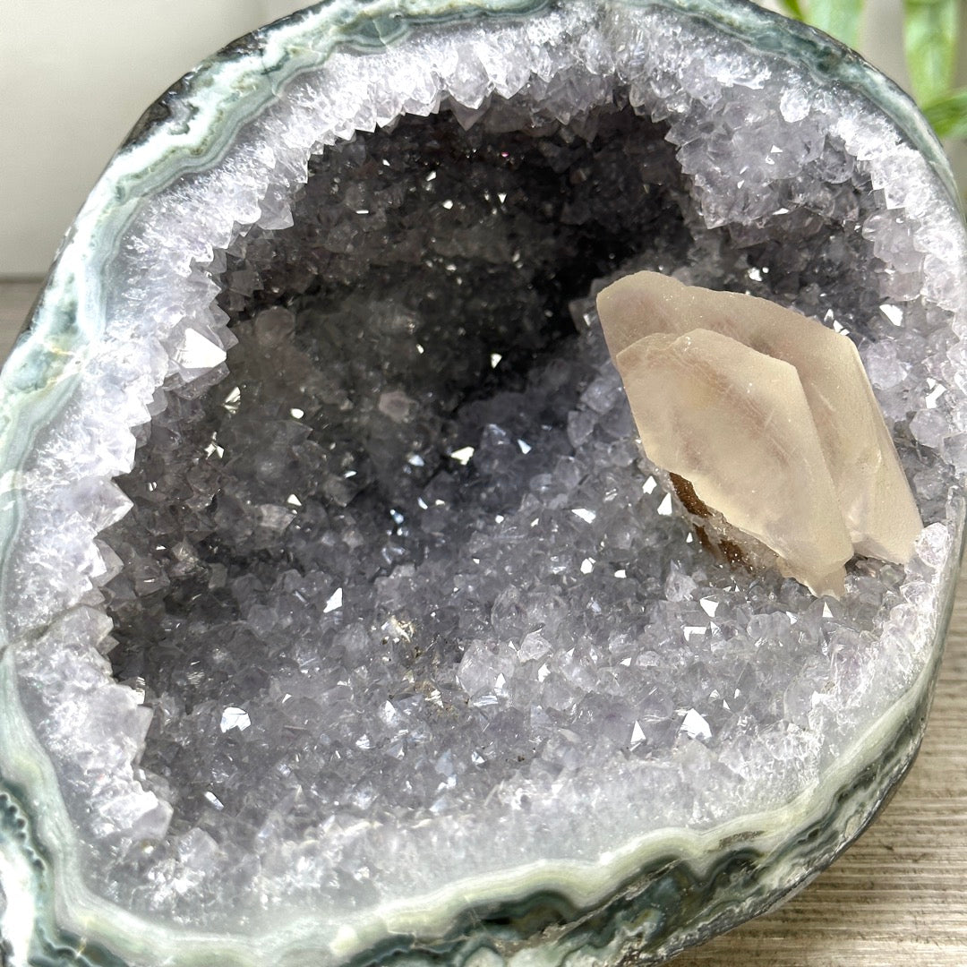 Natural Quartz &amp; Green Jasper Stone Geode with Calcite Formation - STGE0031
