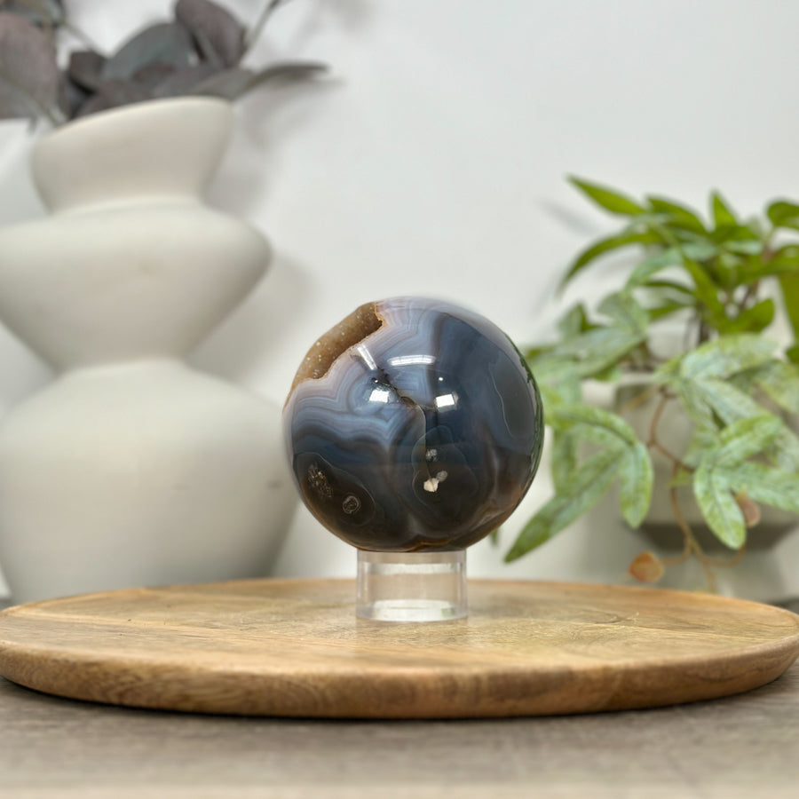 Blue Banded Agate Druzy Sphere Geode with Orange Tone Crystal Cavity - SPH0152