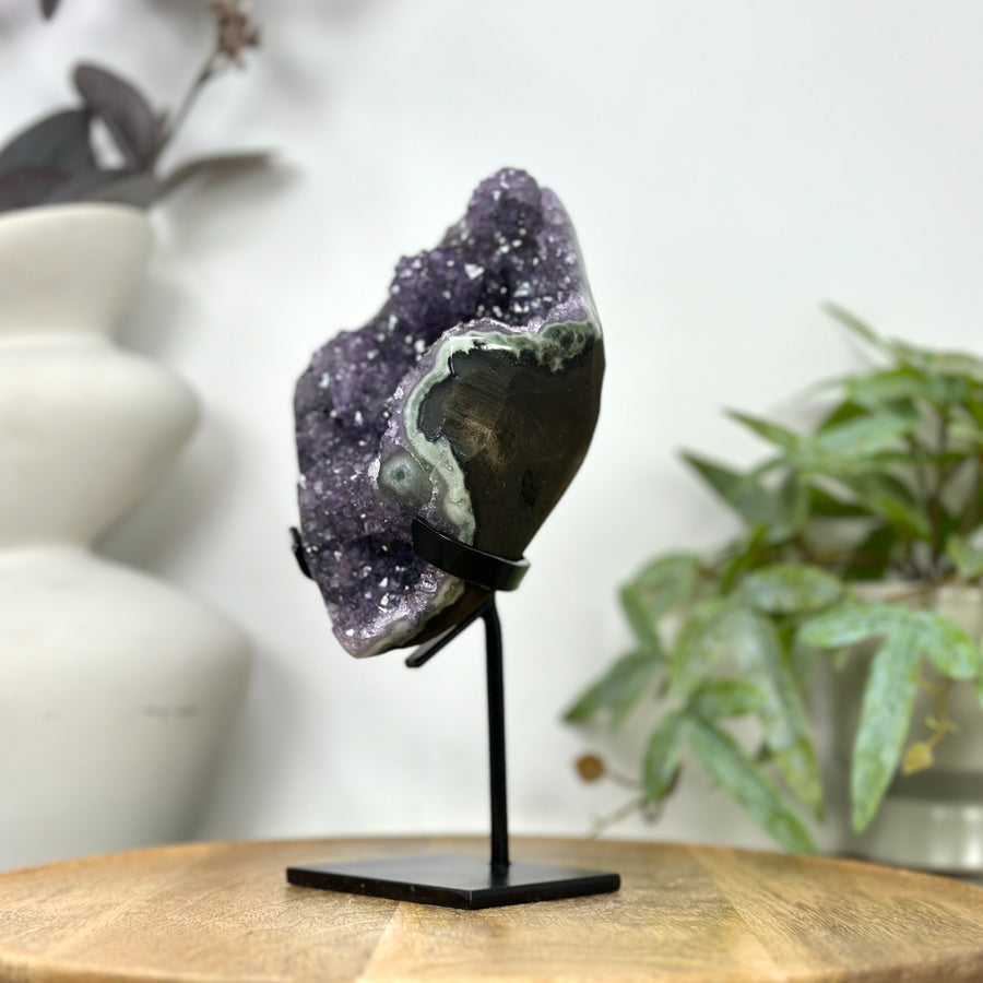 Natural Amethyst with Stalactite Formation &amp; Green Jasper Shell on Stand - MWS3256